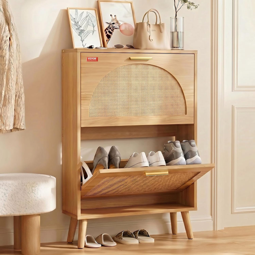 VEVOR Shoe Cabinet with 2 Flip Drawers, Shoe Storage Cabinet for Entryway, Free Standing Shoe Storage Organizer with Rattan Doors for Heels, Boots, Slippers in Hallway, Living Room