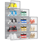 eWonLife X-Large Shoe Boxes with Magnetic Door, 12-Pack Stackable Shoes Storage Organizer for Closet, Clear Plastic Sneaker Container Shoe Rack for Size 12, Black