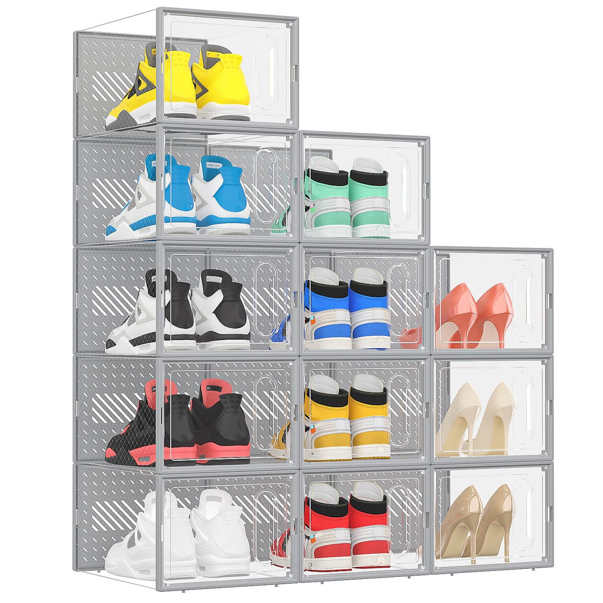 eWonLife X-Large Shoe Boxes with Magnetic Door, 12-Pack Stackable Shoes Storage Organizer for Closet, Clear Plastic Sneaker Container Shoe Rack for Size 12, Black