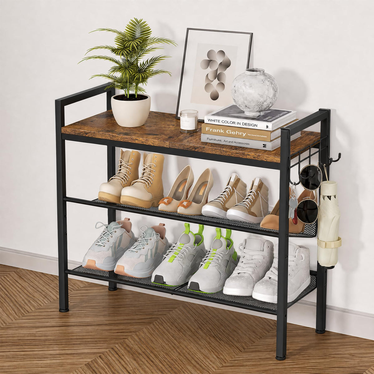 4 Tier Shoe Rack, Shoe Rack for Entryway with Hook, Shoe Organizer with Adjustable Mesh Shelves, Metal Shoe Storage, Closet, Bedroom Living Room Garage