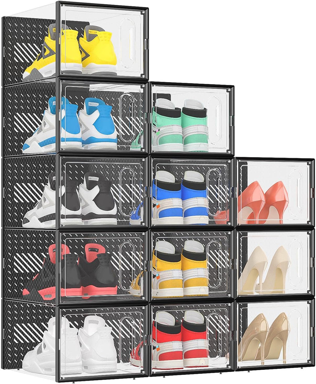eWonLife X-Large Shoe Boxes with Magnetic Door, 12-Pack Stackable Shoes Storage Organizer for Closet, Clear Plastic Sneaker Container Shoe Rack for Size 12, Black