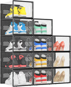 eWonLife X-Large Shoe Boxes with Magnetic Door, 12-Pack Stackable Shoes Storage Organizer for Closet, Clear Plastic Sneaker Container Shoe Rack for Size 12, Black