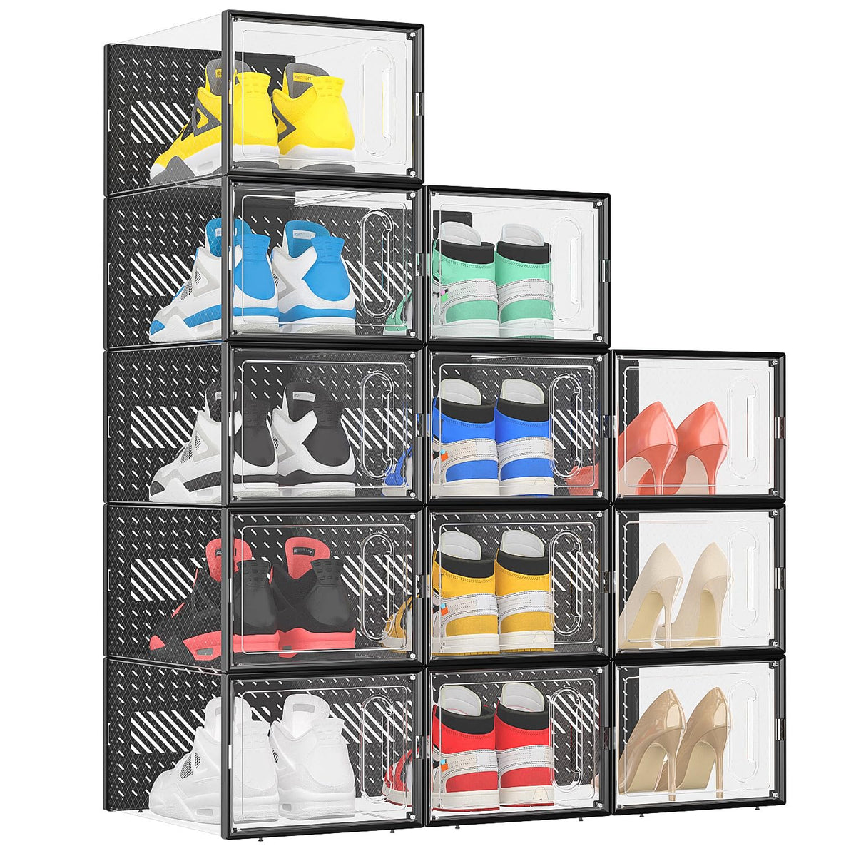 eWonLife X-Large Shoe Boxes with Magnetic Door, 12-Pack Stackable Shoes Storage Organizer for Closet, Clear Plastic Sneaker Container Shoe Rack for Size 12, Black