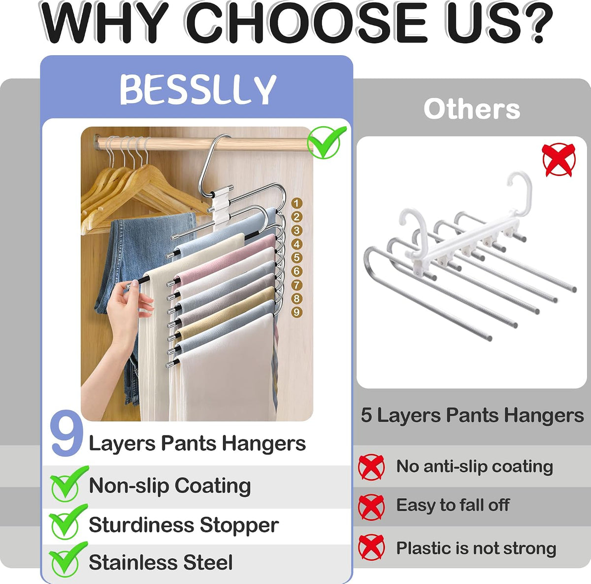 9 Layers Pants Hangers Space Saving Non-Slip Closet Organizer 2 Pack