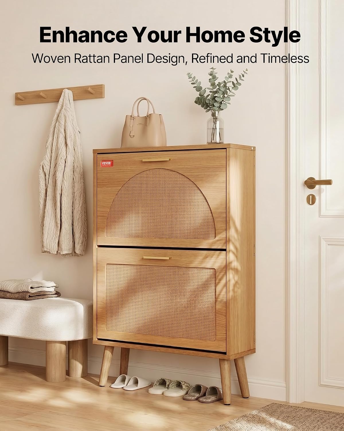 VEVOR Shoe Cabinet with 2 Flip Drawers, Shoe Storage Cabinet for Entryway, Free Standing Shoe Storage Organizer with Rattan Doors for Heels, Boots, Slippers in Hallway, Living Room