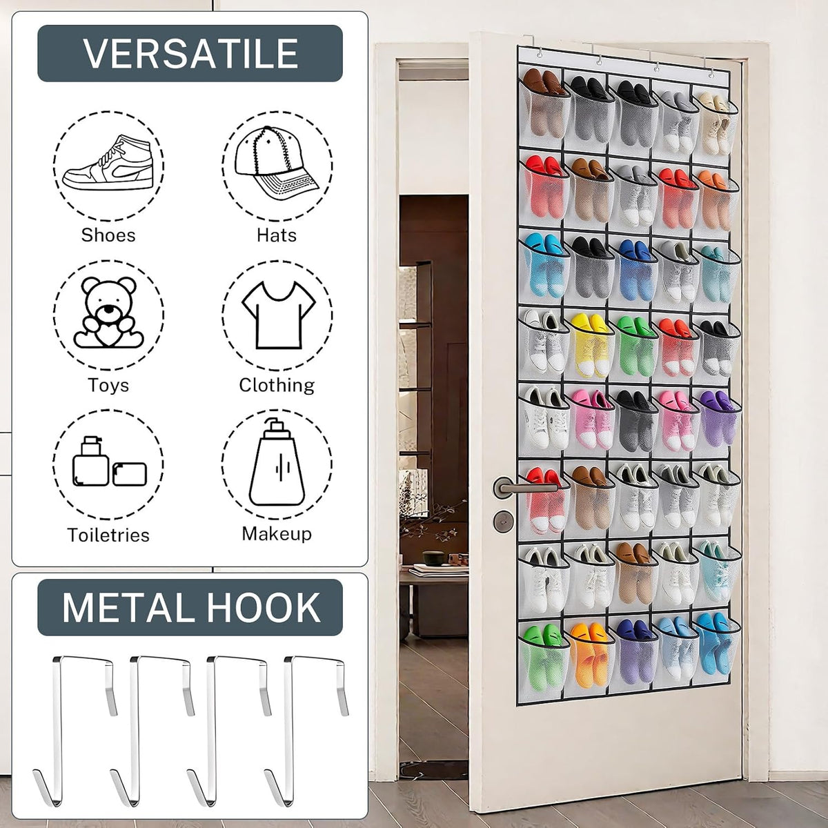40 Large Mesh Pocket Over the Door Shoe Organizer,Hanging Shoe Rack for Door,Hualleko Shoes Organizer Hanger with Large Capacity, Shoes Storage Holder Sturdy Non-woven Fabric - Stores 20 Pairs (White)