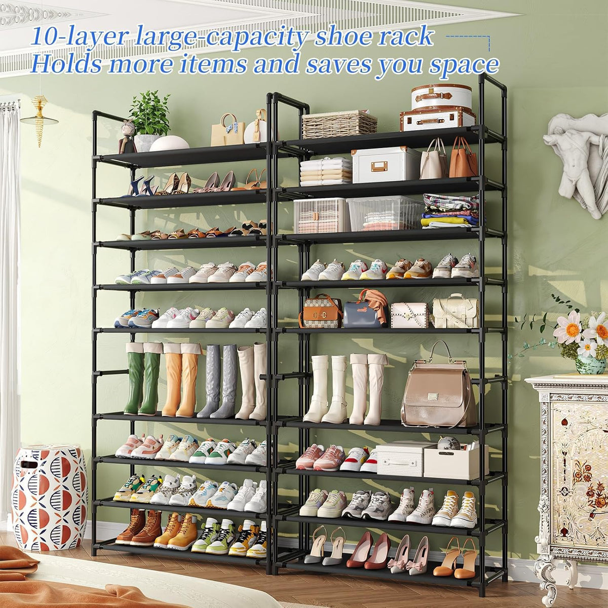 Simple Trending Tall Shoe Rack Storage Holds 40 Pairs, 10 Tier Shoe Organizer Shelf Large Capacity for Entryway Closet, Black