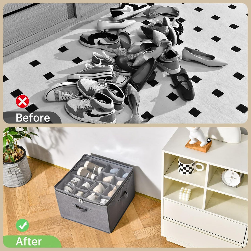 INSTY 2 Pack Shoe Organizer for Closet, Fits up to 32 Pairs, Adjustable Dividers for Shoe Storage, Fabric Shoe Storage Bins with Clear Cover, Grey