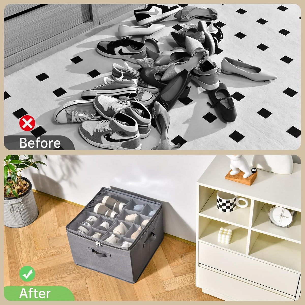 INSTY 2 Pack Shoe Organizer for Closet, Fits up to 32 Pairs, Adjustable Dividers for Shoe Storage, Fabric Shoe Storage Bins with Clear Cover, Grey