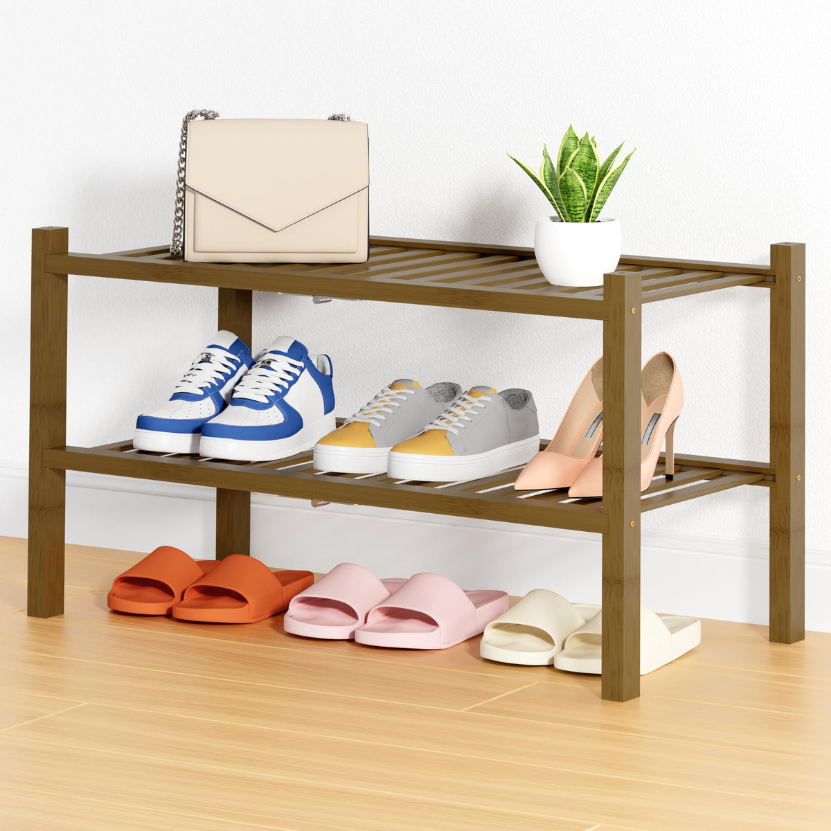 Smiry Bamboo Shoe Rack, 12 Vertical Slats, 3 Tier - 26.8" Wide, Natural