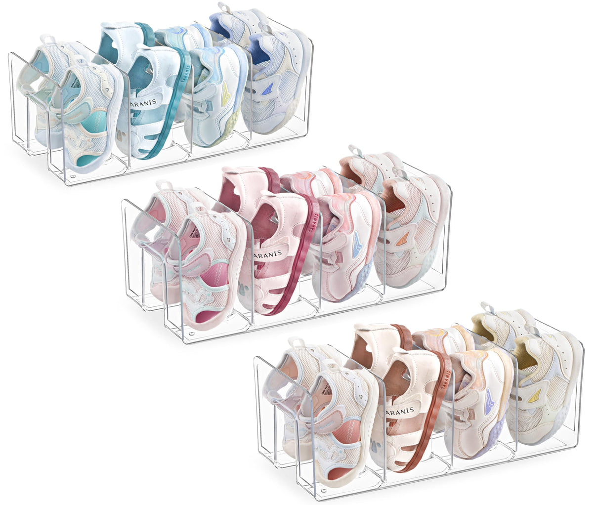 HBlife Clear Acrylic Kids Shoe Rack for Closet Organizers and Storage, Small Shoe Rack 4 Sections Toddler Baby Shoe Storage Organizer Stackable Shoe Shelf,Desk File Sorter Book Purse Organizer(2 Pack)