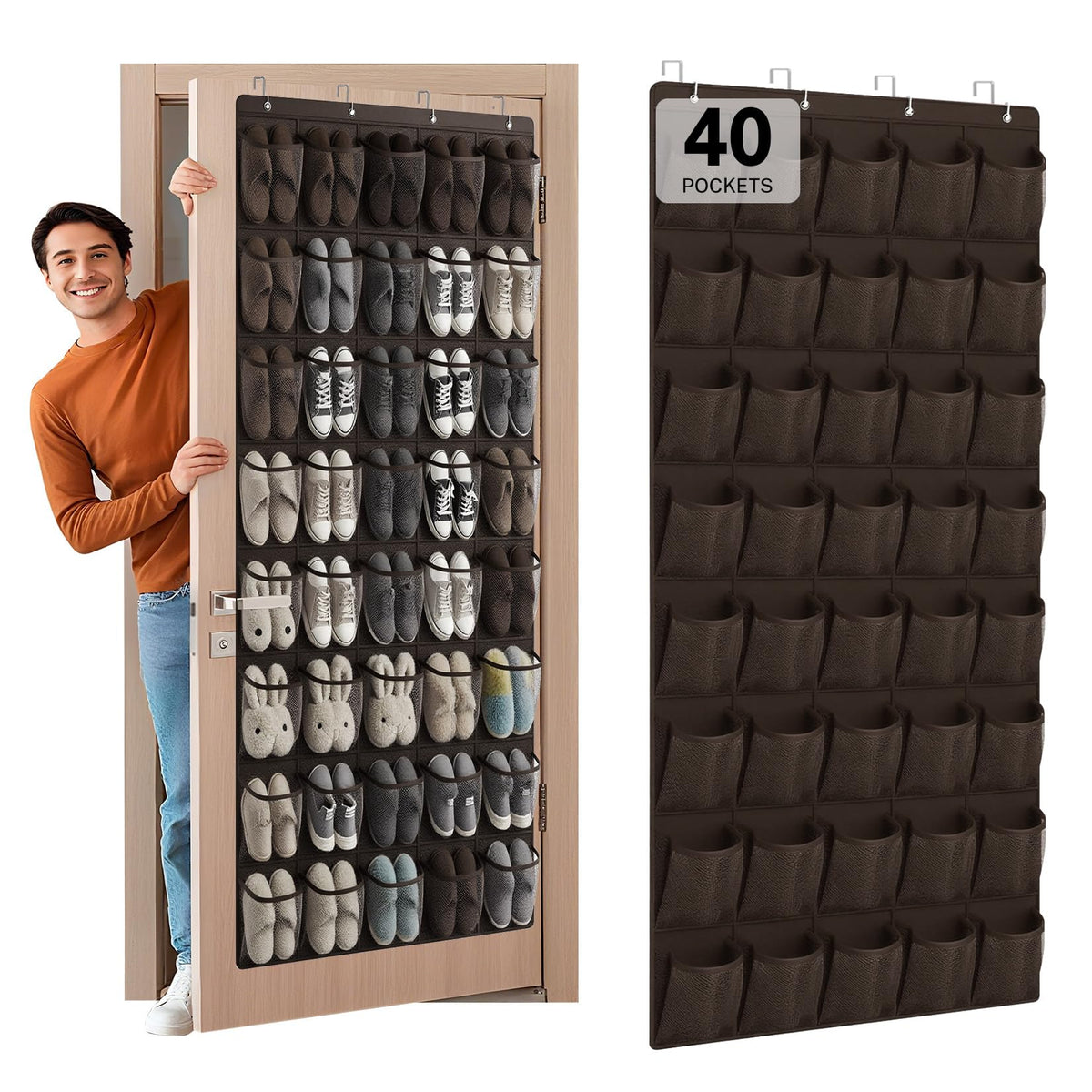 40 Large Mesh Pocket Over the Door Shoe Organizer,Hanging Shoe Rack for Door,Hualleko Shoes Organizer Hanger with Large Capacity, Shoes Storage Holder Sturdy Non-woven Fabric - Stores 20 Pairs (White)