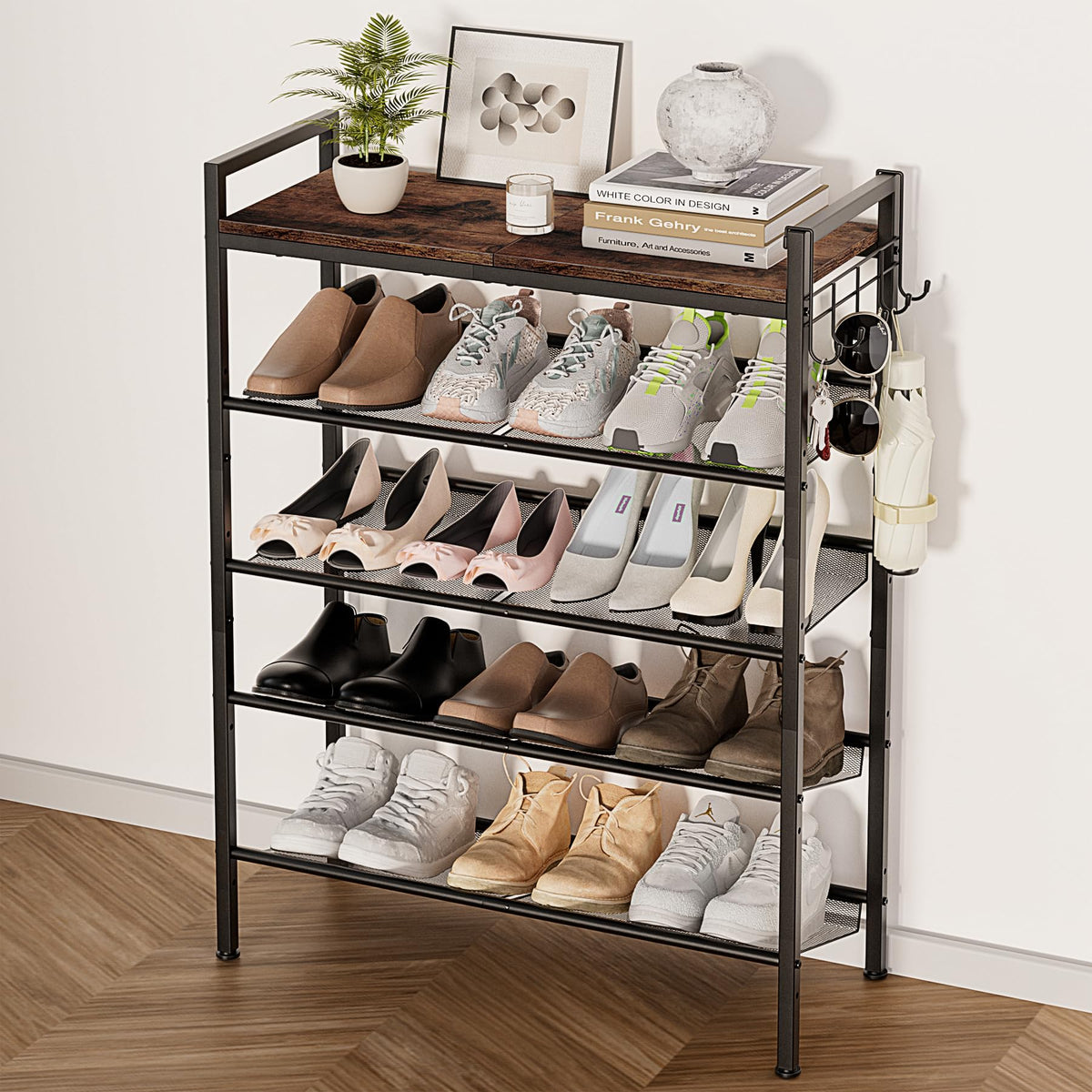 4 Tier Shoe Rack, Shoe Rack for Entryway with Hook, Shoe Organizer with Adjustable Mesh Shelves, Metal Shoe Storage, Closet, Bedroom Living Room Garage