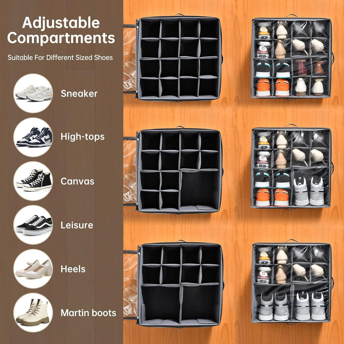 INSTY 2 Pack Shoe Organizer for Closet, Fits up to 32 Pairs, Adjustable Dividers for Shoe Storage, Fabric Shoe Storage Bins with Clear Cover, Grey