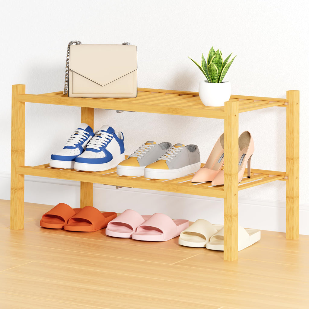 Smiry Bamboo Shoe Rack, 12 Vertical Slats, 3 Tier - 26.8" Wide, Natural