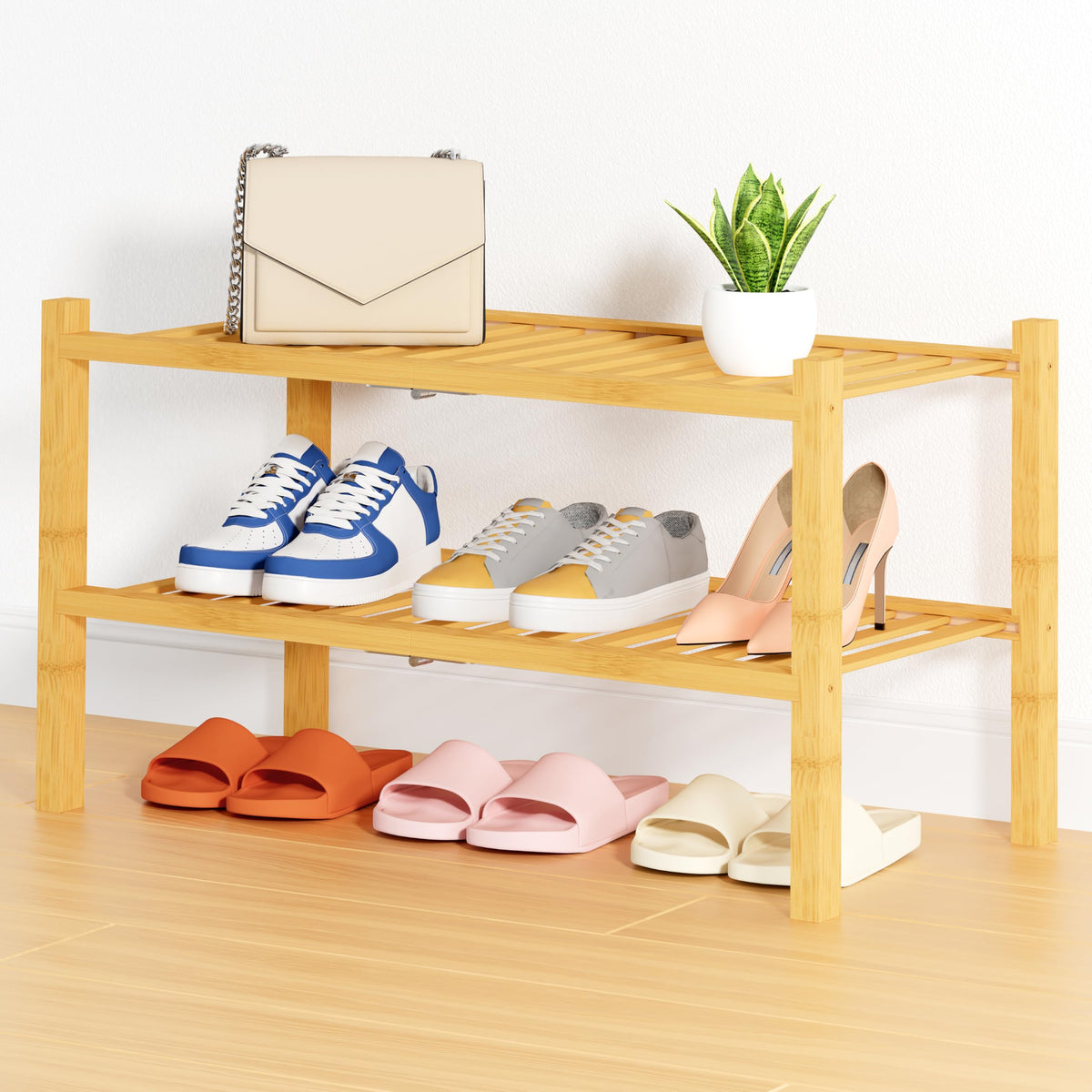 Smiry Bamboo Shoe Rack, 12 Vertical Slats, 3 Tier - 26.8" Wide, Natural