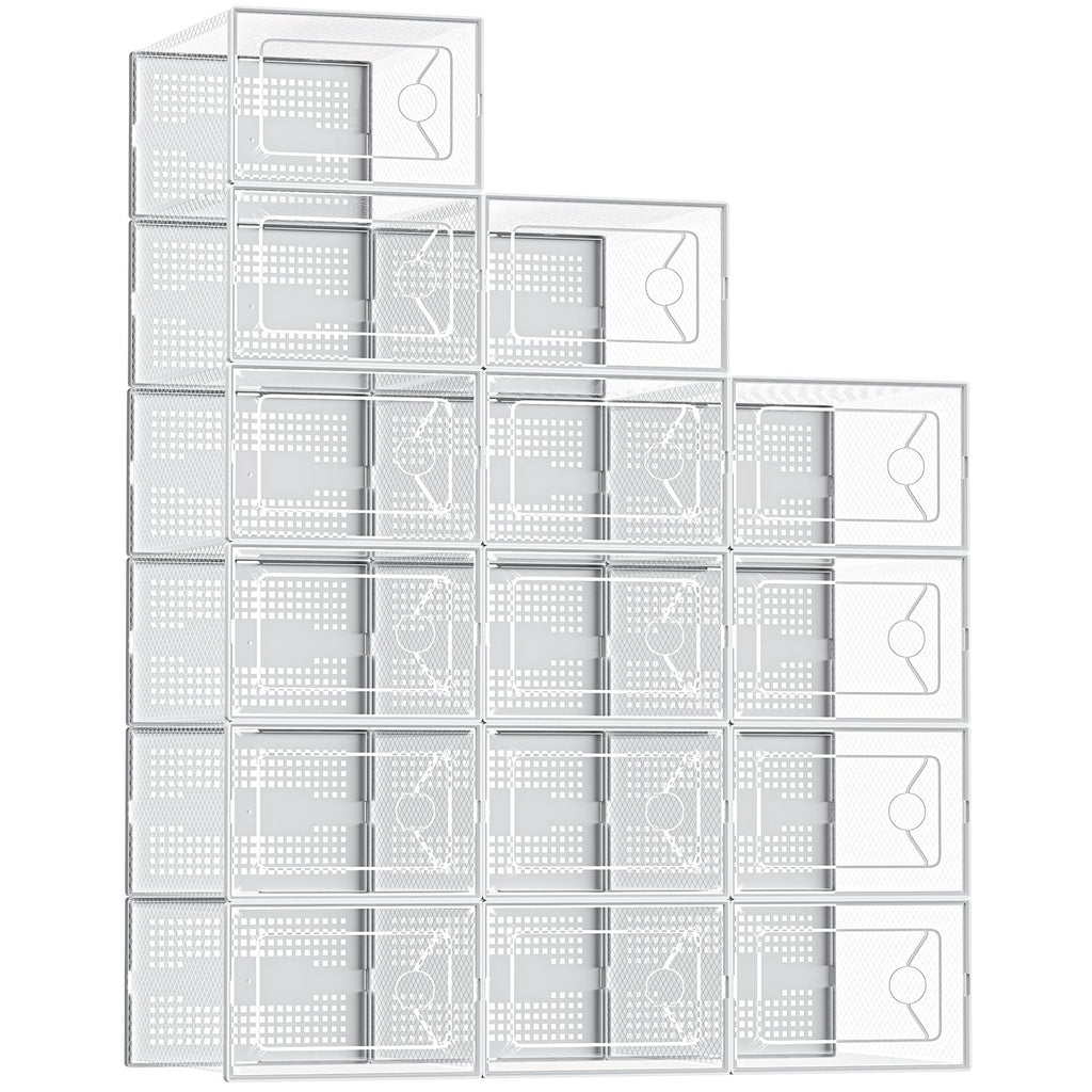 DUMOS Shoe Storage Boxes, 12-Pack Stackable Clear Shoe Containers with Lids, Display Sneaker Case Organizer for Closet, Under Bed, Entryway,White, Fit Size 11