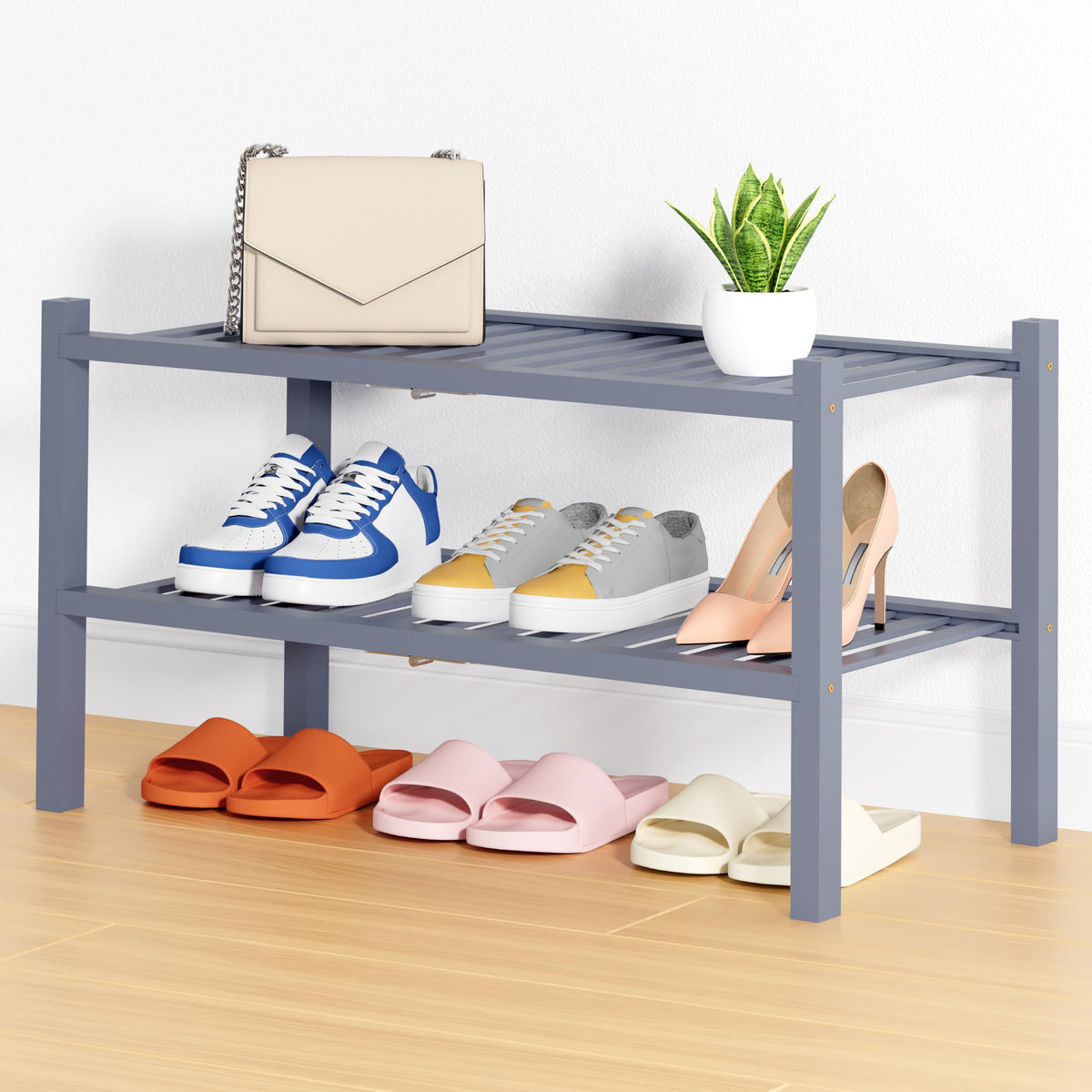 Smiry Bamboo Shoe Rack, 12 Vertical Slats, 3 Tier - 26.8" Wide, Natural