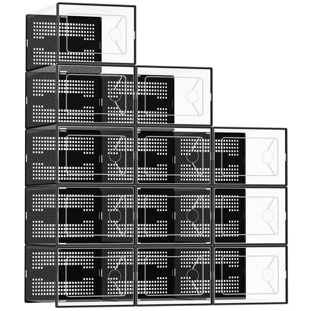 DUMOS Shoe Storage Boxes, 12-Pack Stackable Clear Shoe Containers with Lids, Display Sneaker Case Organizer for Closet, Under Bed, Entryway,White, Fit Size 11