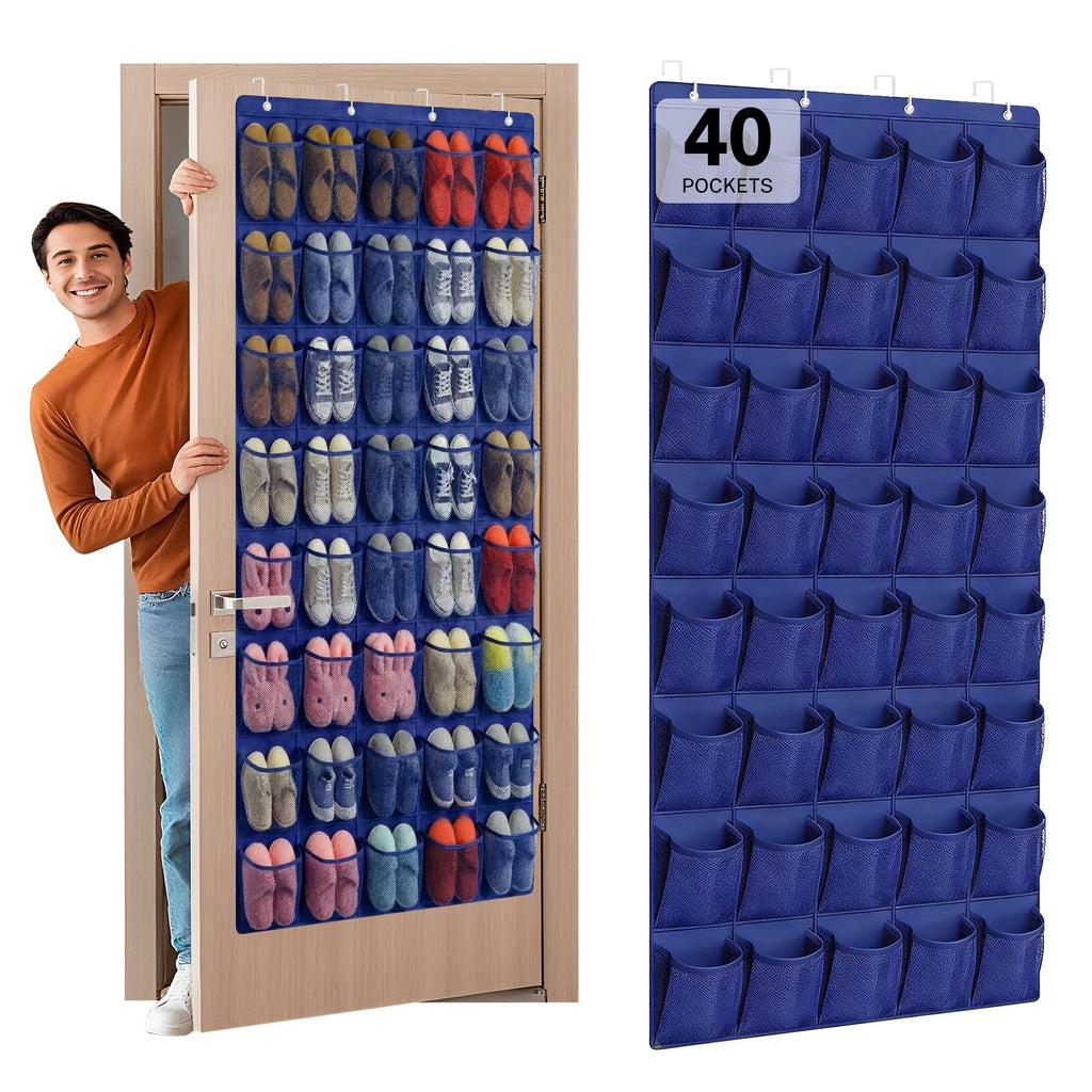 40 Large Mesh Pocket Over the Door Shoe Organizer,Hanging Shoe Rack for Door,Hualleko Shoes Organizer Hanger with Large Capacity, Shoes Storage Holder Sturdy Non-woven Fabric - Stores 20 Pairs (White)