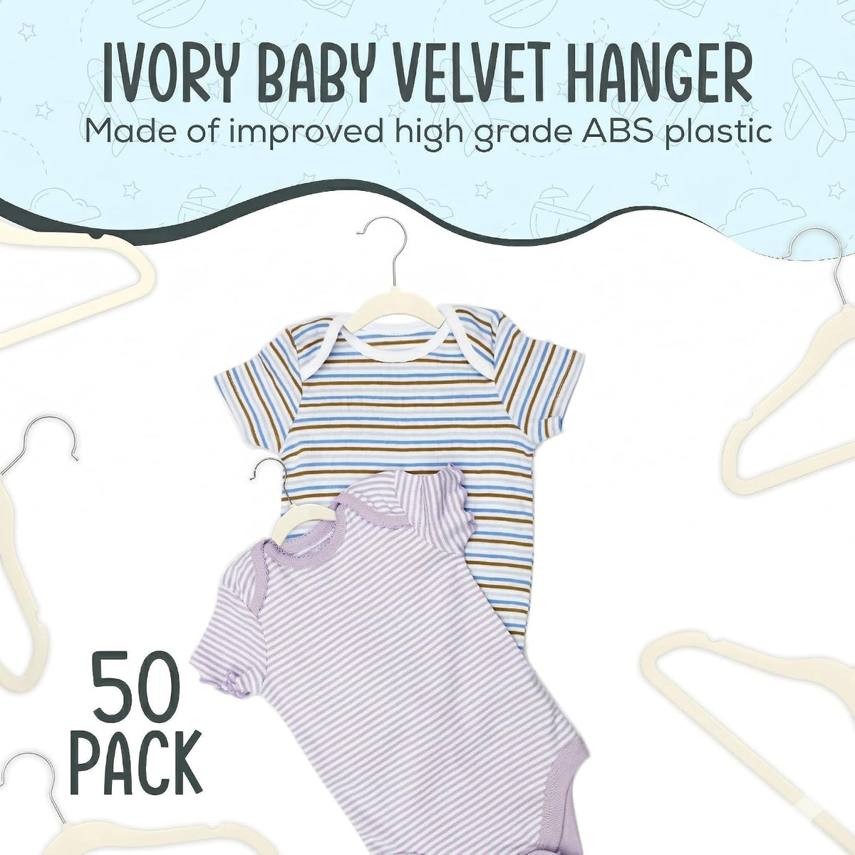 TechZoo 50 Premium Baby Velvet Hangers - 11.8" Non-Slip, Ultra-Slim Space-Saving Children Closet Hangers - 360° Swivel Hook, Strong & Durable Infant & Toddler Clothes Hangers for Wardrobe - Ivory