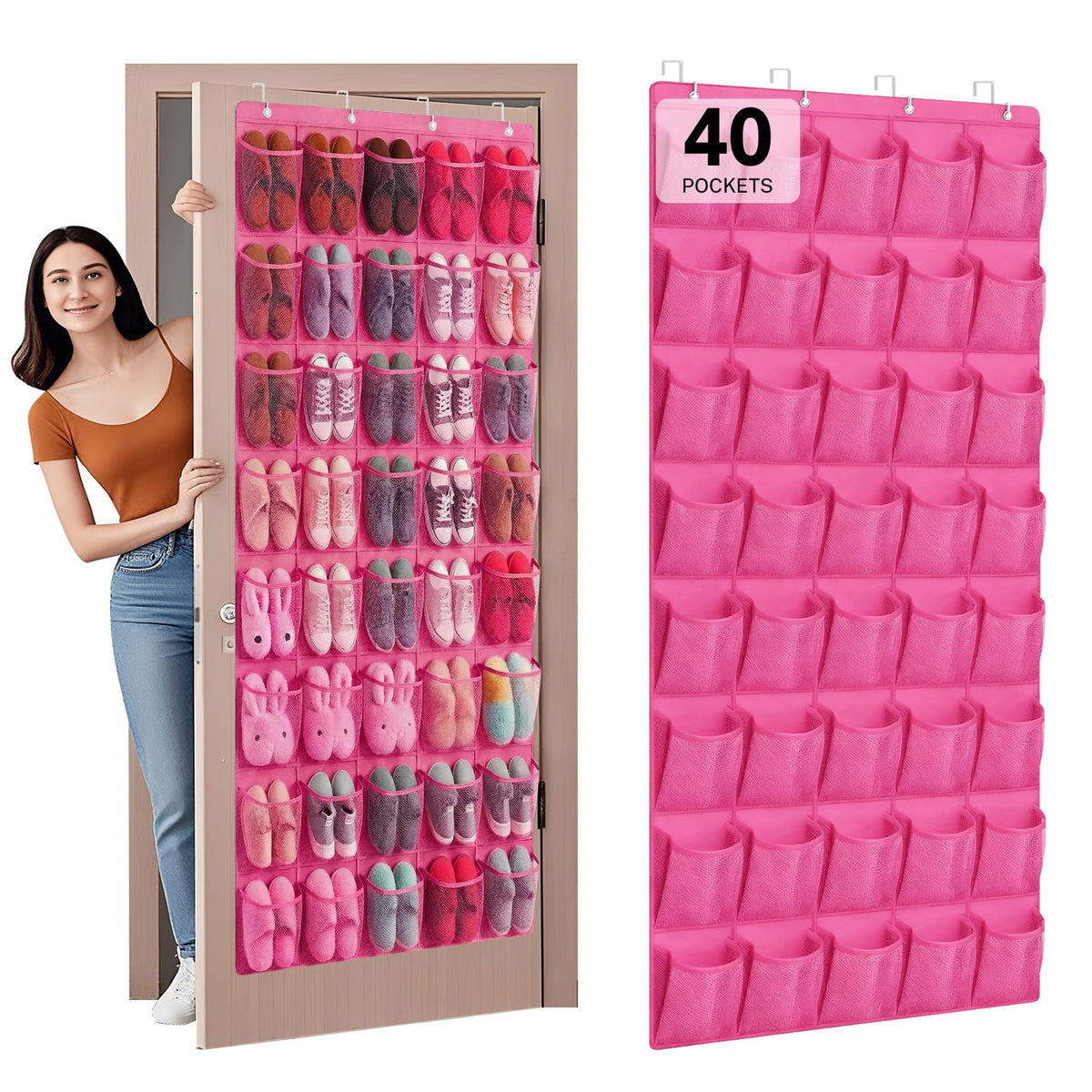 40 Large Mesh Pocket Over the Door Shoe Organizer,Hanging Shoe Rack for Door,Hualleko Shoes Organizer Hanger with Large Capacity, Shoes Storage Holder Sturdy Non-woven Fabric - Stores 20 Pairs (White)