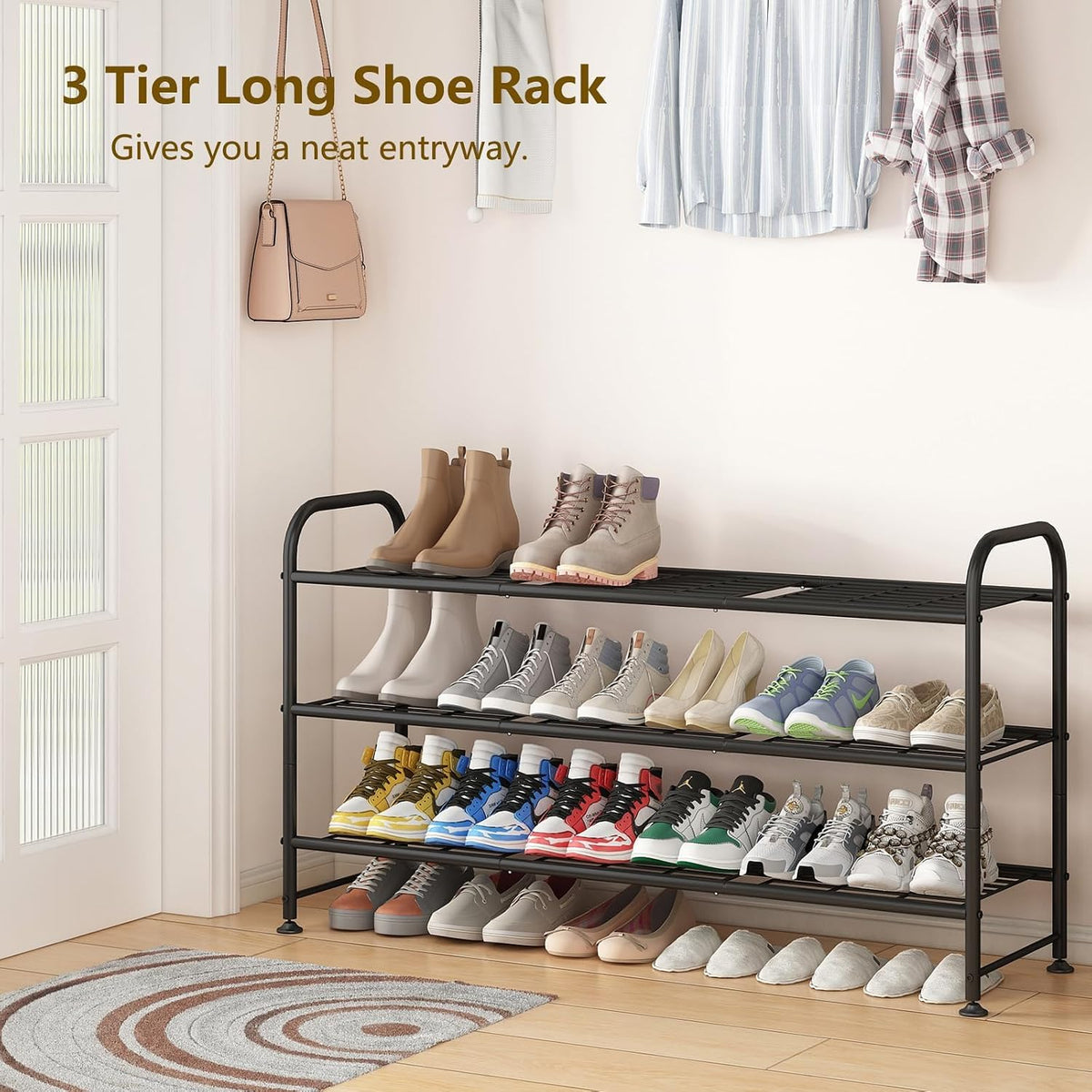 LINZINAR 3 Tier Long Shoe Rack for Closet Metal Shoe Organizer for Entryway