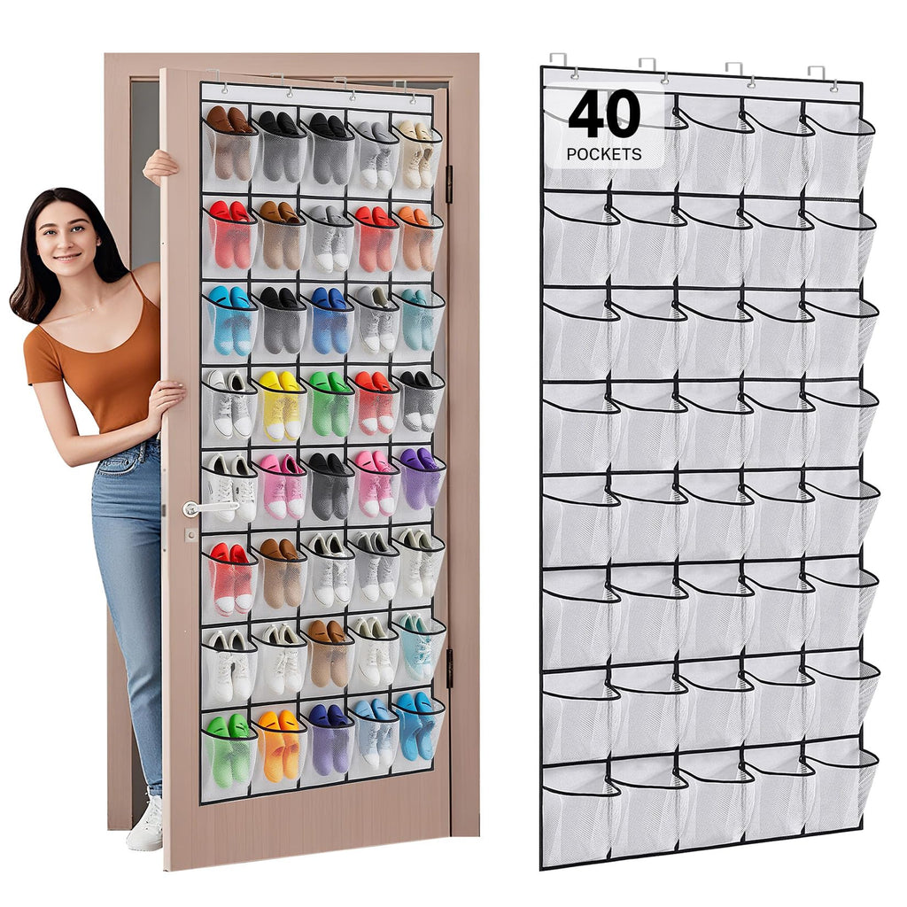 40 Large Mesh Pocket Over the Door Shoe Organizer,Hanging Shoe Rack for Door,Hualleko Shoes Organizer Hanger with Large Capacity, Shoes Storage Holder Sturdy Non-woven Fabric - Stores 20 Pairs (White)