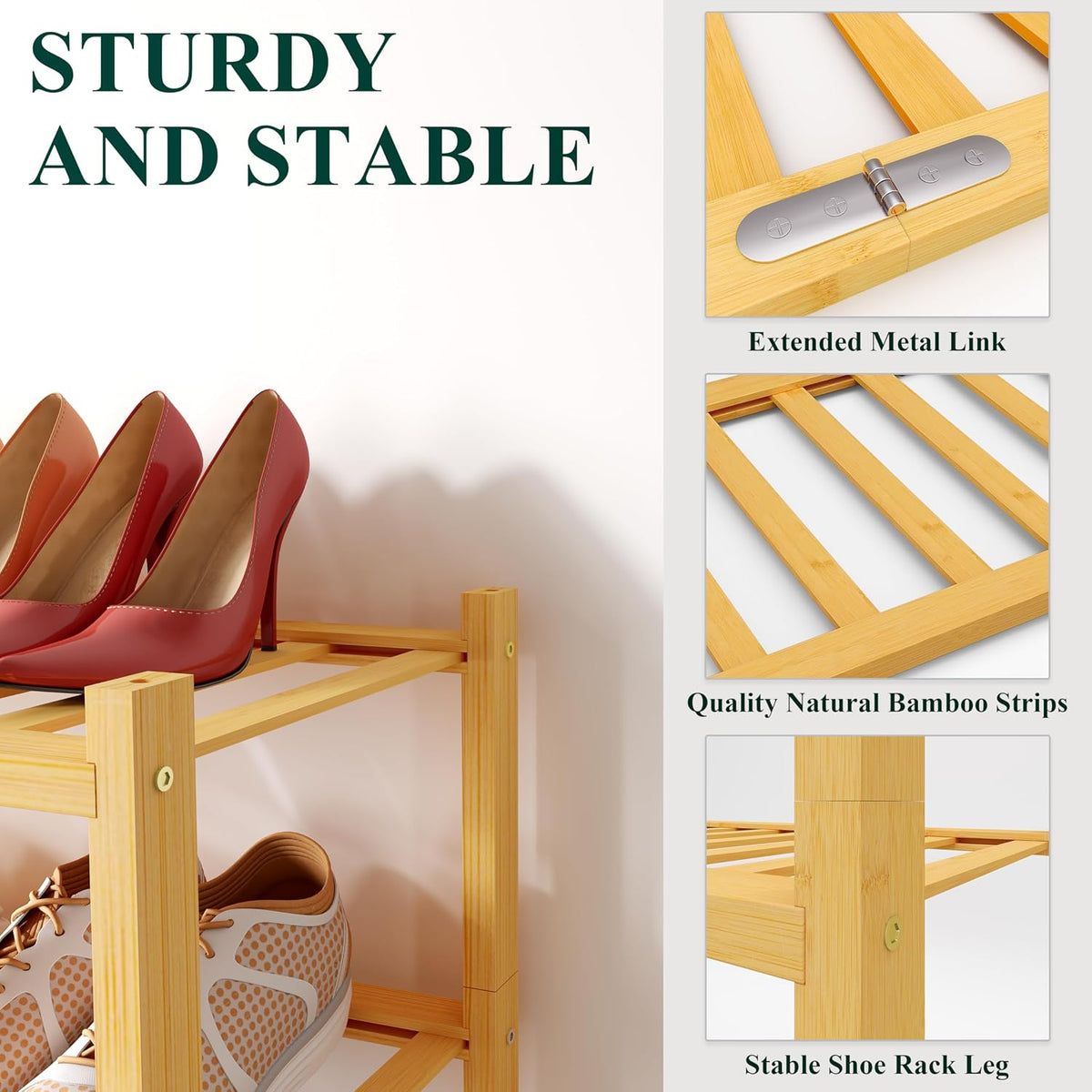 Smiry Bamboo Shoe Rack, 12 Vertical Slats, 3 Tier - 26.8" Wide, Natural