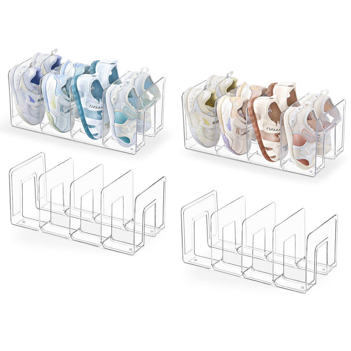 HBlife Clear Acrylic Kids Shoe Rack for Closet Organizers and Storage, Small Shoe Rack 4 Sections Toddler Baby Shoe Storage Organizer Stackable Shoe Shelf,Desk File Sorter Book Purse Organizer(2 Pack)