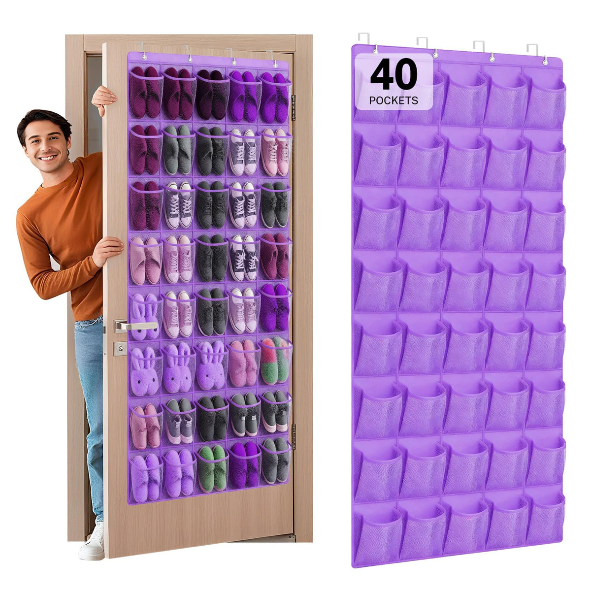 40 Large Mesh Pocket Over the Door Shoe Organizer,Hanging Shoe Rack for Door,Hualleko Shoes Organizer Hanger with Large Capacity, Shoes Storage Holder Sturdy Non-woven Fabric - Stores 20 Pairs (White)