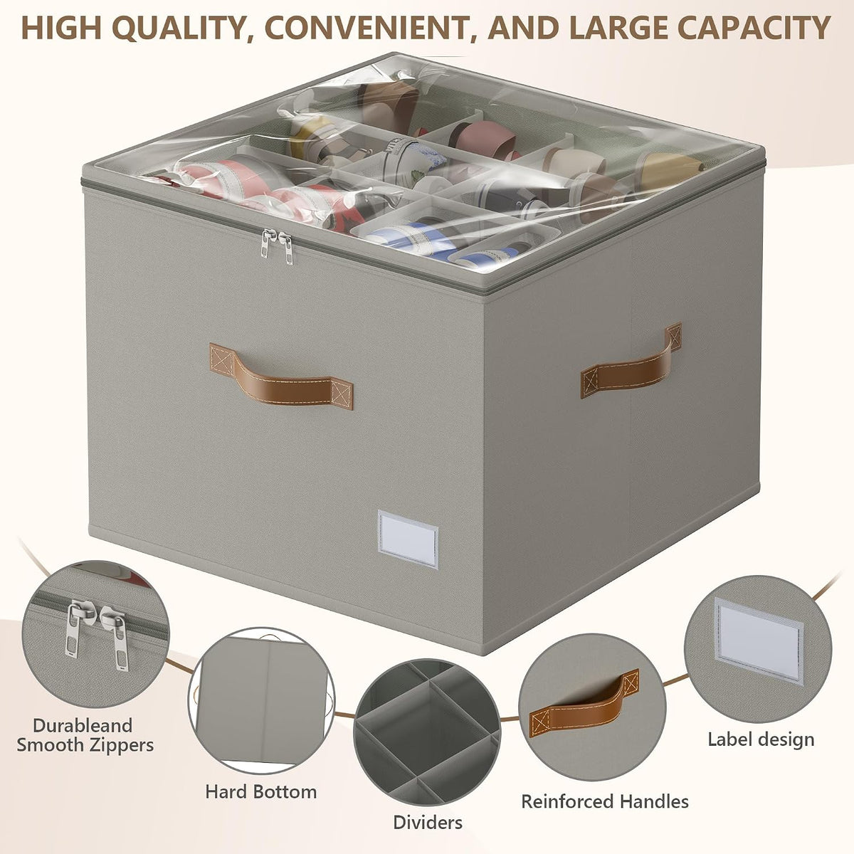 Vincona Shoe Organizer for Closet, 2 Pack Foldable Shoe Storage Bins with Clear Cover & Handles, 16-Compartment Shoe Box for Sneakers, Heels, Boots, Space-Saving Shoe Rack for Entryway, Dorm, RV