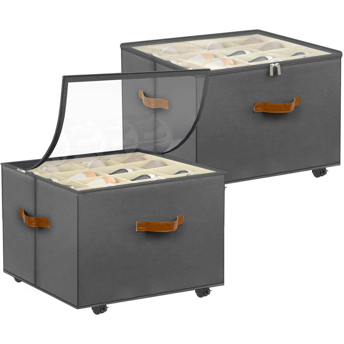 Foyego 2 Pack Shoe Organizer for Closet, Shoe Storage with Wheels, Beige