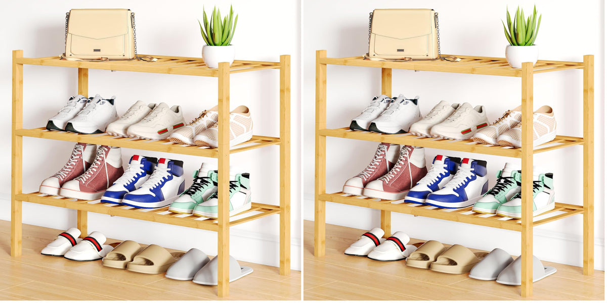 Smiry Bamboo Shoe Rack, 12 Vertical Slats, 3 Tier - 26.8" Wide, Natural
