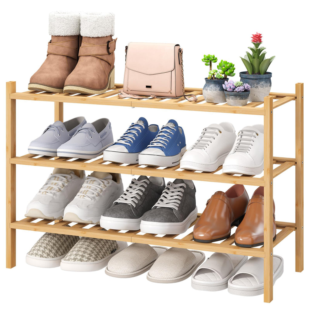 viewcare 3-Tier Black Bamboo Shoe Rack for Entryway, Stackable | Foldable | Natural, Shoe Shelf Storage Organizer for Hallway Closet, Free Standing Shoe Racks for Indoor Outdoor