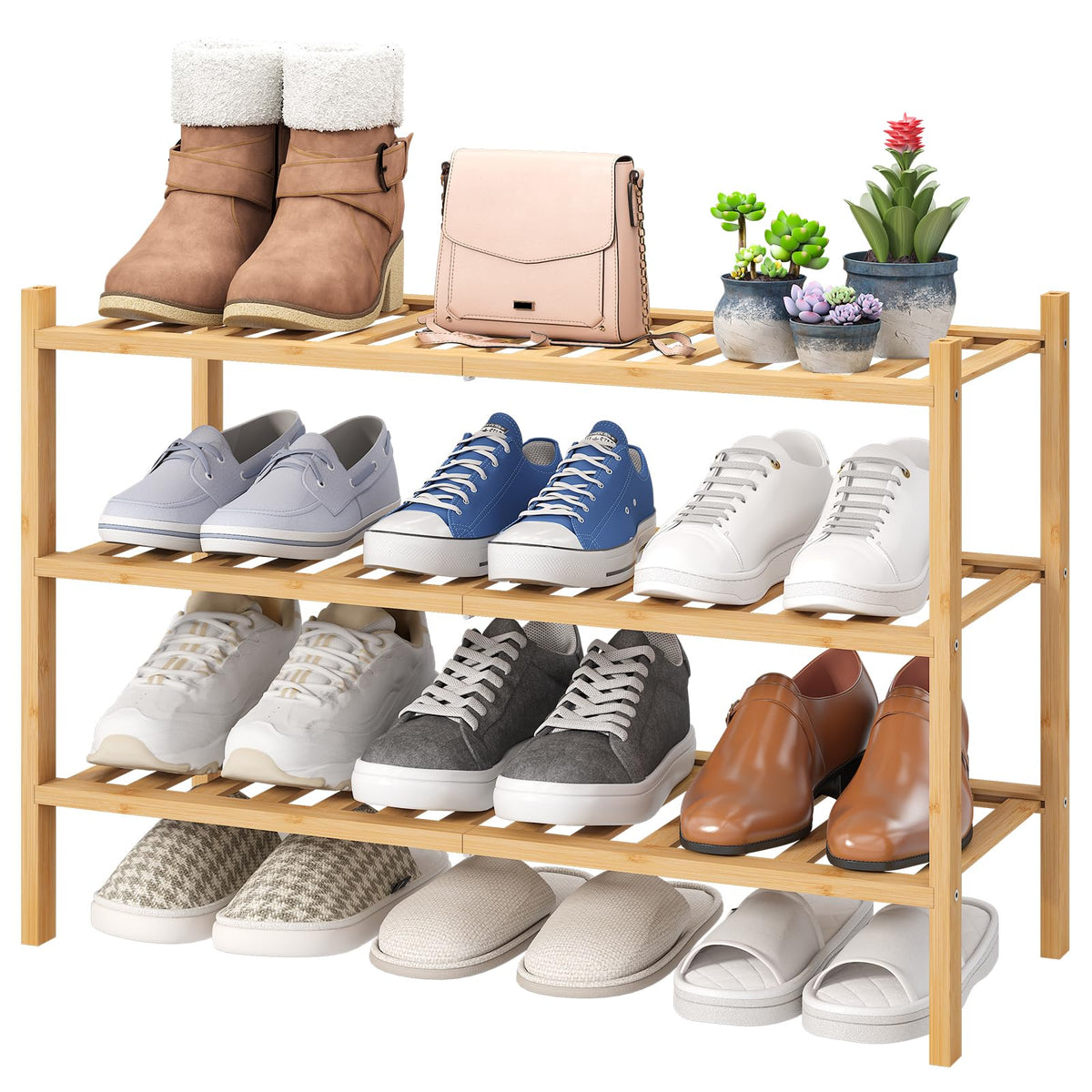 viewcare 3-Tier Black Bamboo Shoe Rack for Entryway, Stackable | Foldable | Natural, Shoe Shelf Storage Organizer for Hallway Closet, Free Standing Shoe Racks for Indoor Outdoor
