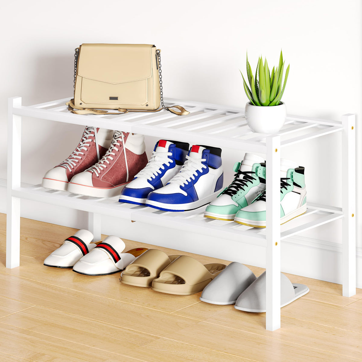 Smiry Bamboo Shoe Rack, 12 Vertical Slats, 3 Tier - 26.8" Wide, Natural