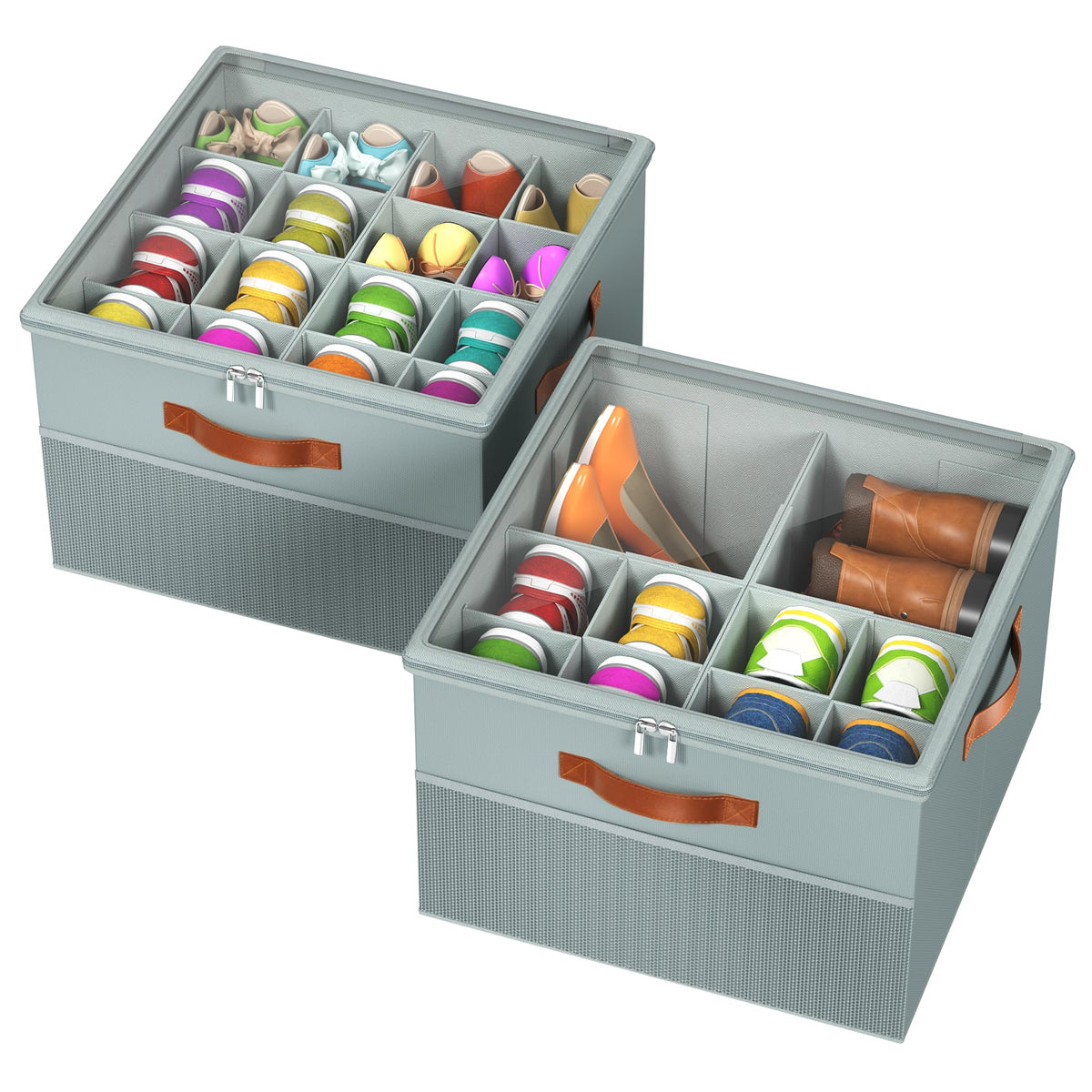 Shoe Organizer for Closet, 2 Pack Foldable Shoe Storage Organizer Box Bin with Adjustable Dividers and Clear Cover, Fits up to 16-32 Pairs（Grey&Beige）
