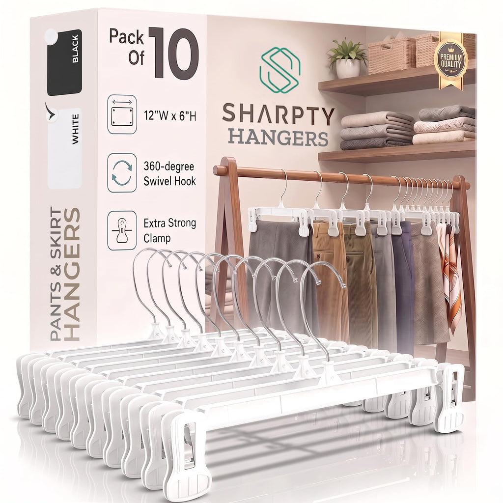 Sharpty Pant & Skirt Hangers - Closet Hangers for Shorts, Shirts, Jeans, Dresses, Slacks, Coats, Clothes, Clothing, Garments & More - Durable, Space Saving & Non-Slip, Black - 10 Pack