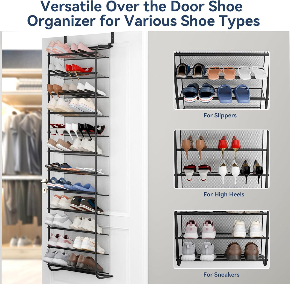 Whitmor 36 Pair Over the Door Shoe Organizer, 12 Tier Hanging Shoe Organizer, Heavy Duty Metal & Mesh Shoe Holder, Hanging Shoe Rack for Closet Storage, 74"H x 21.7"W x 7.5"D, Gunmetal Gray