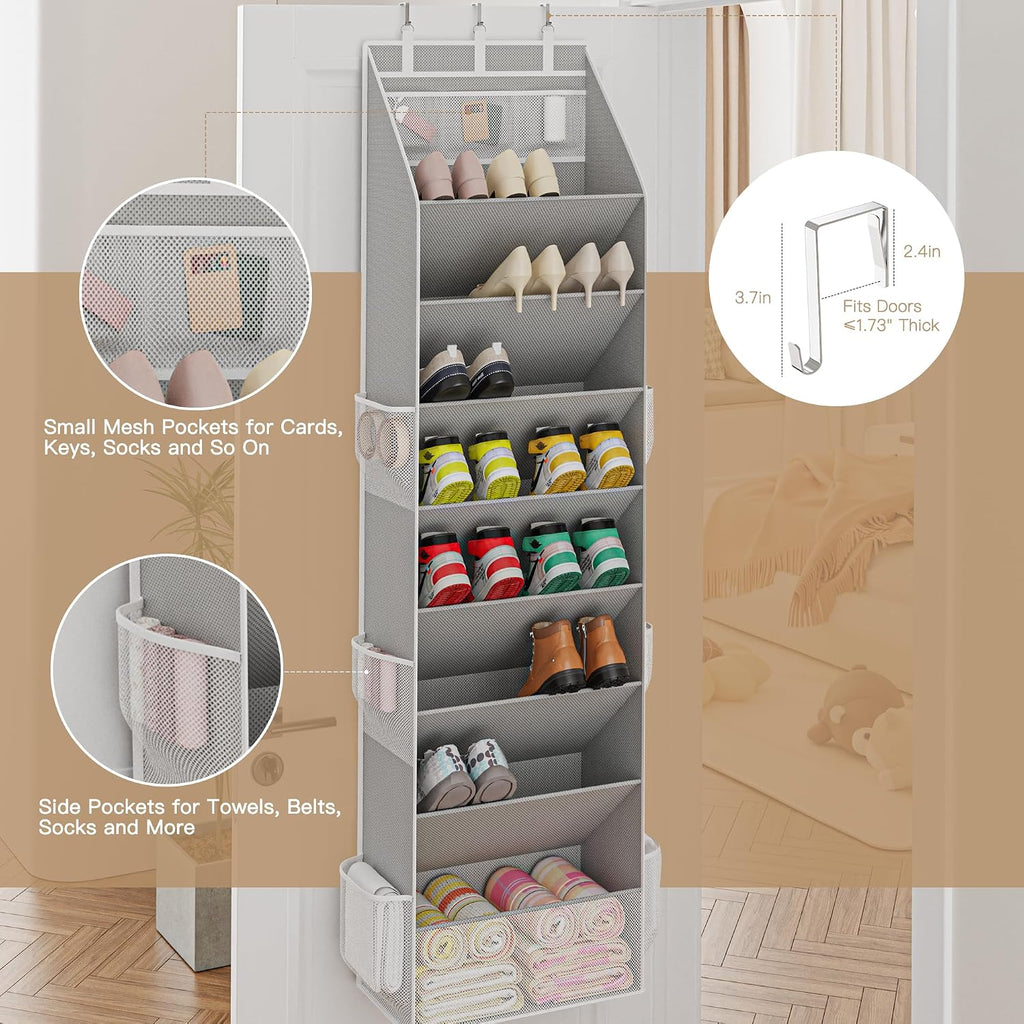 Criusia Shoe Organizer, Over the Door Shoe Organizer, Hanging Closet Shoe Storage with Large Deep Pockets, Fits 16–24 Pairs of Sneakers, Sandals, Boots, Gray
