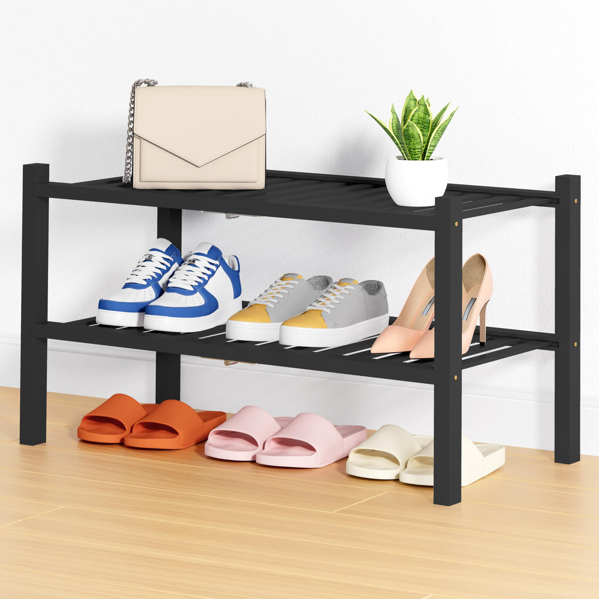 Smiry Bamboo Shoe Rack, 12 Vertical Slats, 3 Tier - 26.8" Wide, Natural