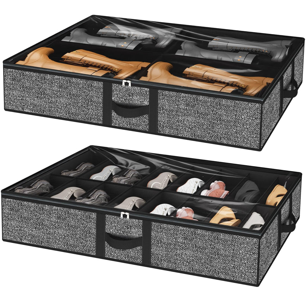 homyfort Under Bed Shoe Storage Organizer for Closet Fits 24 Pairs-Sturdy Underbed Shoe Storage Box Bins,Set of 2 (Linen-like Black)