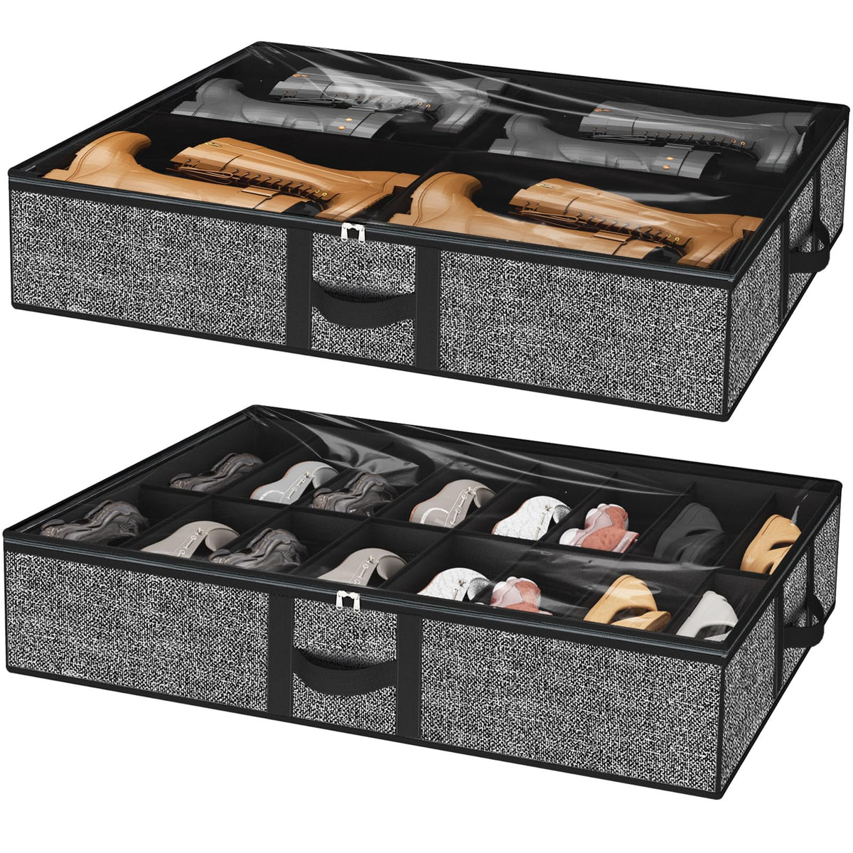 homyfort Under Bed Shoe Storage Organizer for Closet Fits 24 Pairs-Sturdy Underbed Shoe Storage Box Bins,Set of 2 (Linen-like Black)