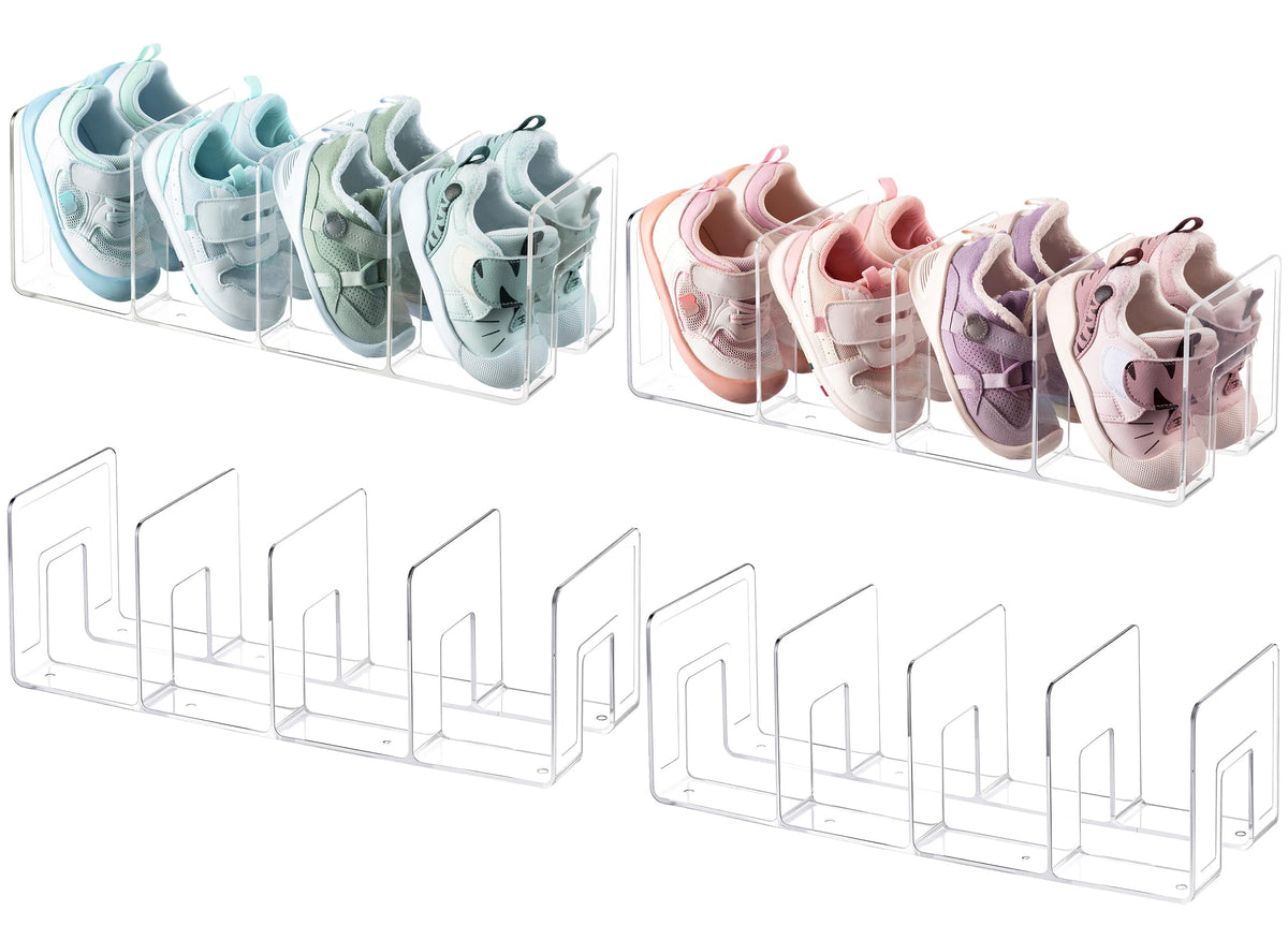 HBlife Clear Acrylic Kids Shoe Rack for Closet Organizers and Storage, Small Shoe Rack 4 Sections Toddler Baby Shoe Storage Organizer Stackable Shoe Shelf,Desk File Sorter Book Purse Organizer(2 Pack)