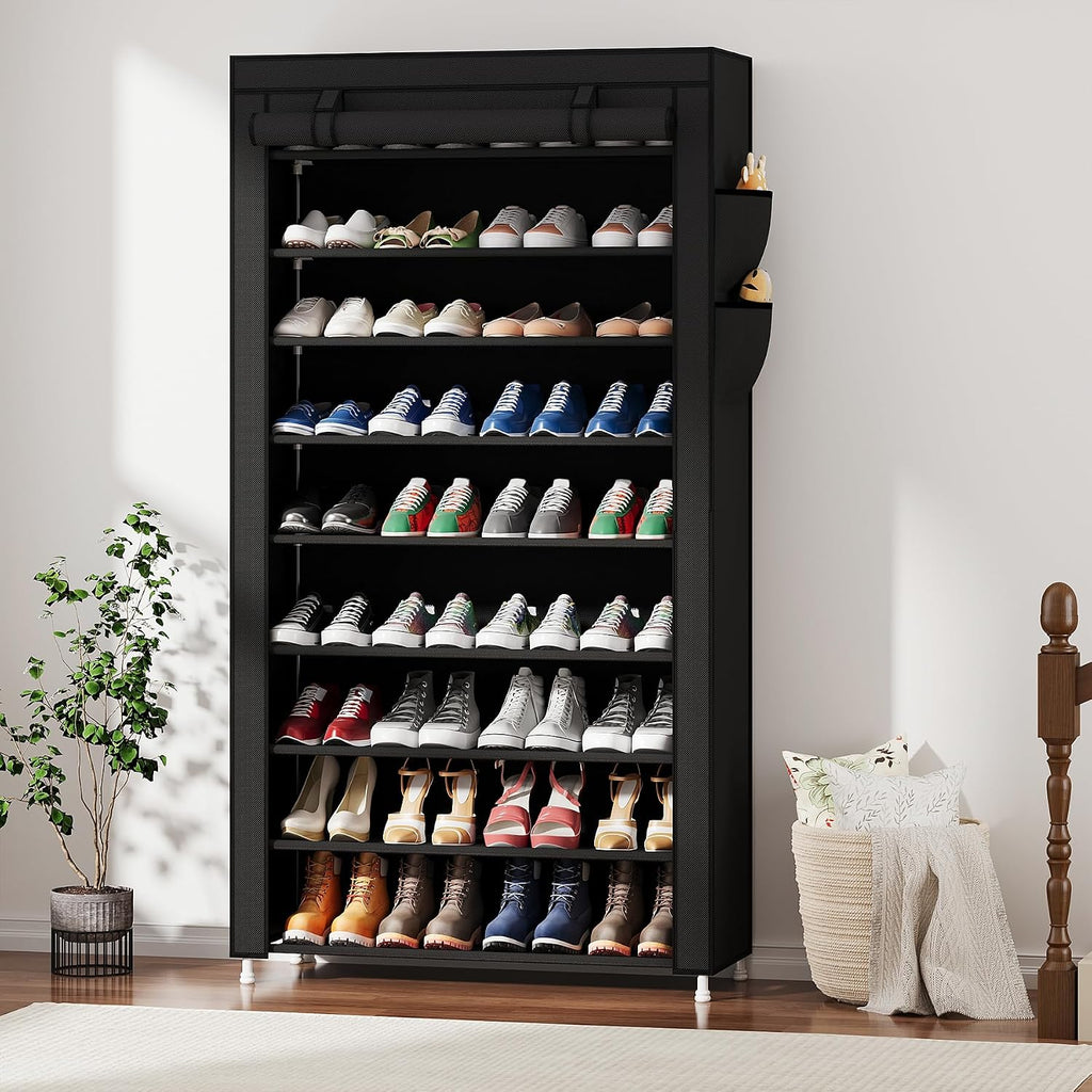 Laiensia 9-Tier Vertical Shoe Rack Organizer, Space Saving Shoe Storage Organizer, Non-Woven Cover Shoe Shelf Holds 36-45 Pairs for Bedroom, Hallway, Closet Entryway, Black