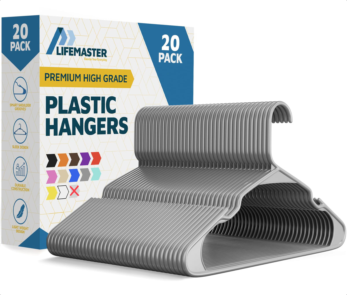 Lifemaster Plastic Clothes Hanger Set - 30 Pieces Versatile, Lightweight, Space-Saving, Non-Slip, Slim Designed, Dry and Wet Clothes Hanger Set - White