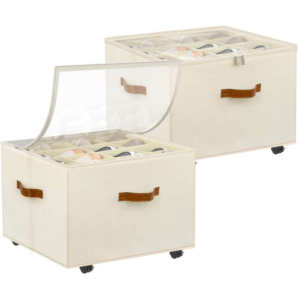 Foyego 2 Pack Shoe Organizer for Closet, Shoe Storage with Wheels, Beige