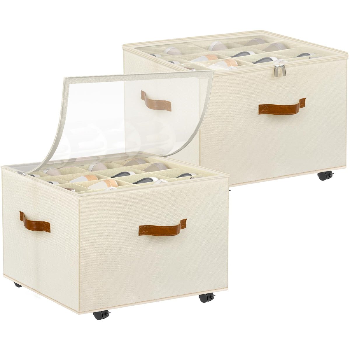 Foyego 2 Pack Shoe Organizer for Closet, Shoe Storage with Wheels, Beige