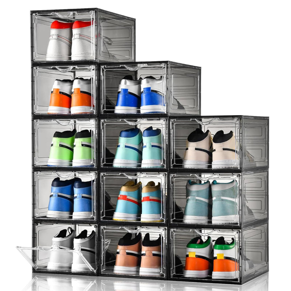 Clemate Upgraded X-Large Shoe Organizer,Shoe Storage Organizer,12 Pack,Shoe Box Clear Plastic Stackable,Drop Front Shoe Box with Clear Door, Shoe Containers For Sneaker Display,Fit up to US Size12